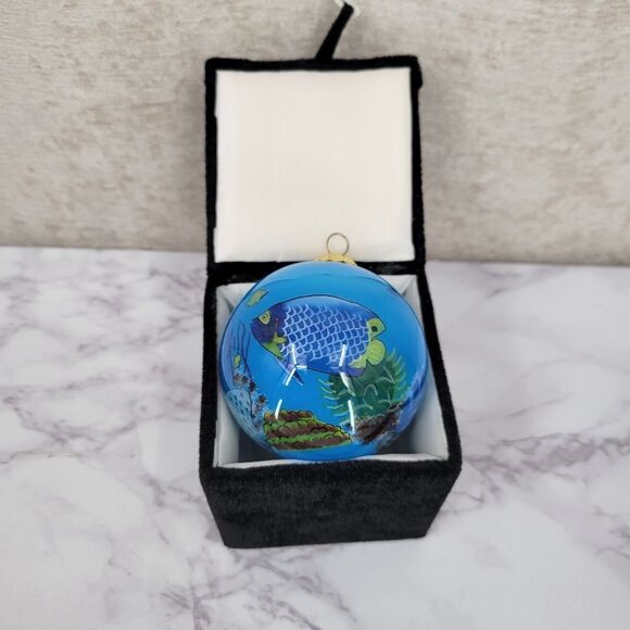 None Other - Vintage Glass Reverse Painted Blue Tropical Fish Ornament in Gift Box